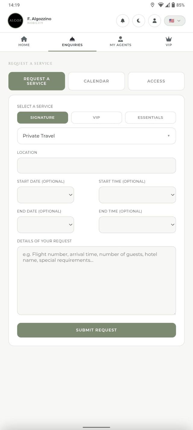 Приложение Algoz — «Заказать услугу» с группами Signature, VIP и Essentials