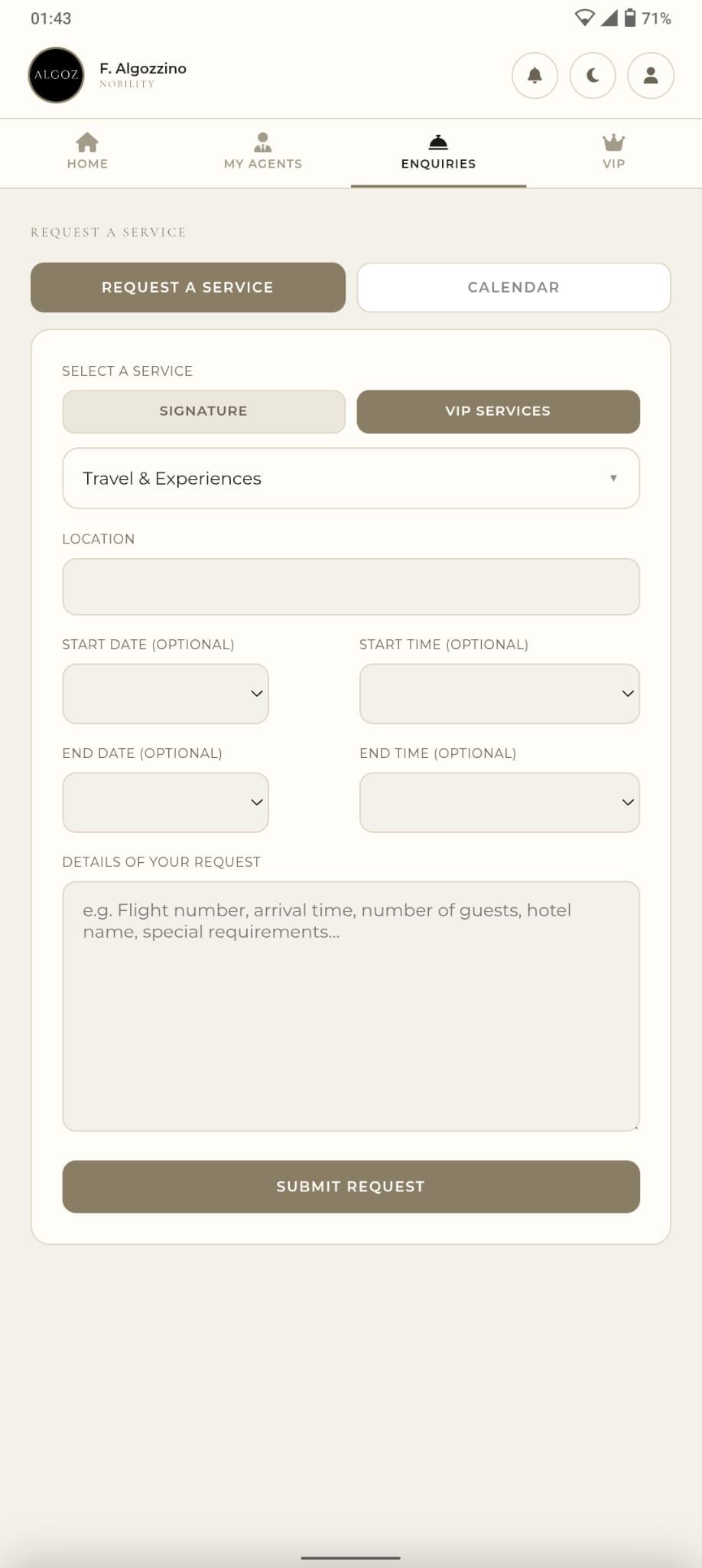 App Algoz — Pedir um serviço com os grupos Signature e VIP