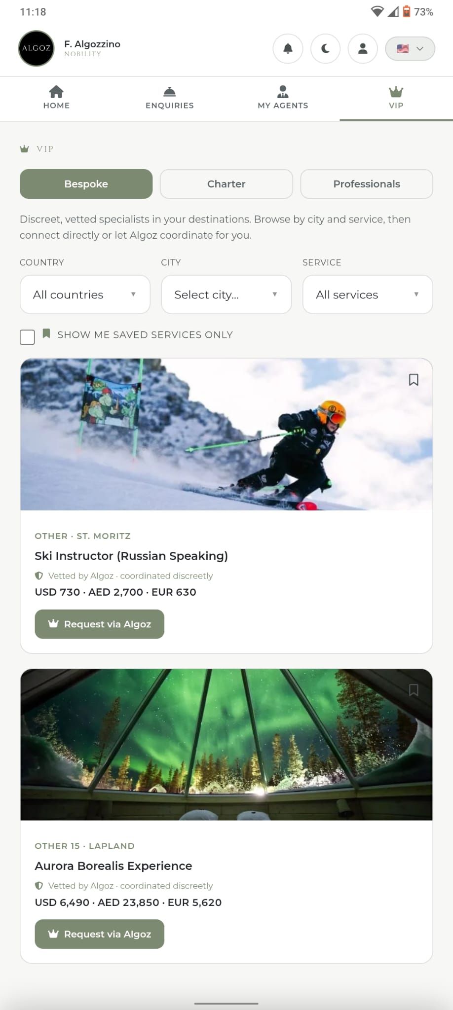 App Algoz — especialistas VIP Bespoke por país, cidade e serviço